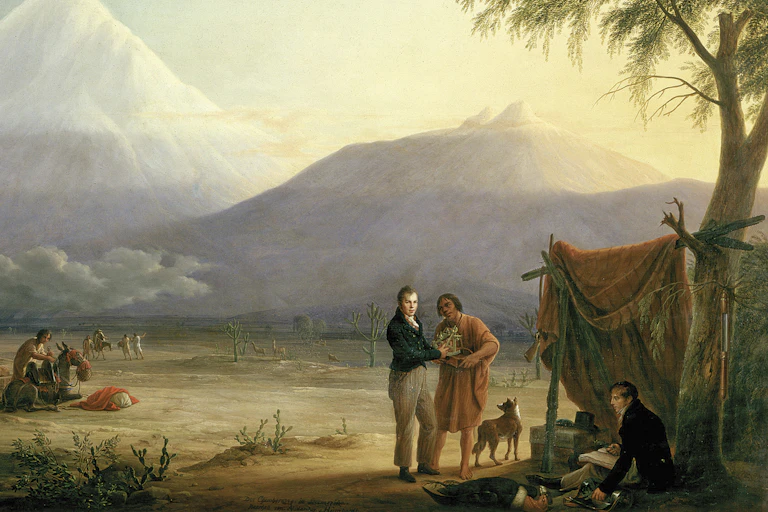 Painting of two men camping, with large mountains in the distance