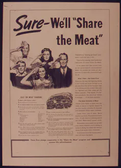 Poster from 1940s with photo of soldier and civilians saluting with heading 'Sure – We'll 'Share the Meat''