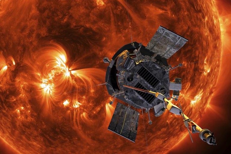 A metal craft with two solar pans on the sides shown against the Sun.