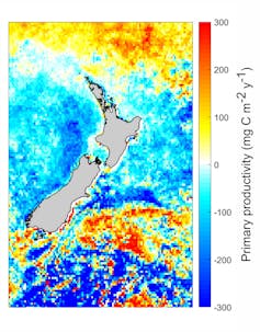 This graph shows changes in phytoplankton biomass along New Zealand's coast from 2003 to 2022.