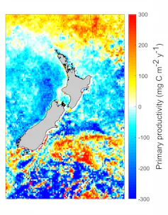 This graph shows changes in phytoplankton biomass along New Zealand's coast from 2003 to 2022.