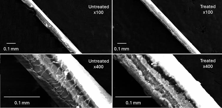 These high-magnification images of untreated hair and hair sprayed with heat treatment sprays show what a difference it can make.