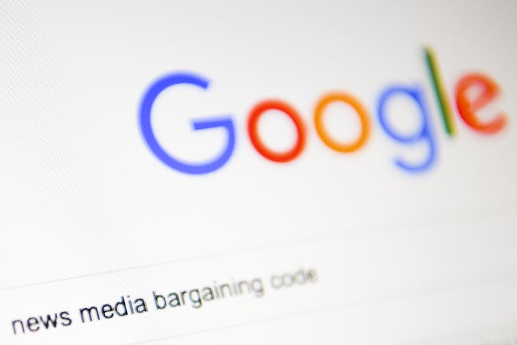 Google search that says news media bargaining code