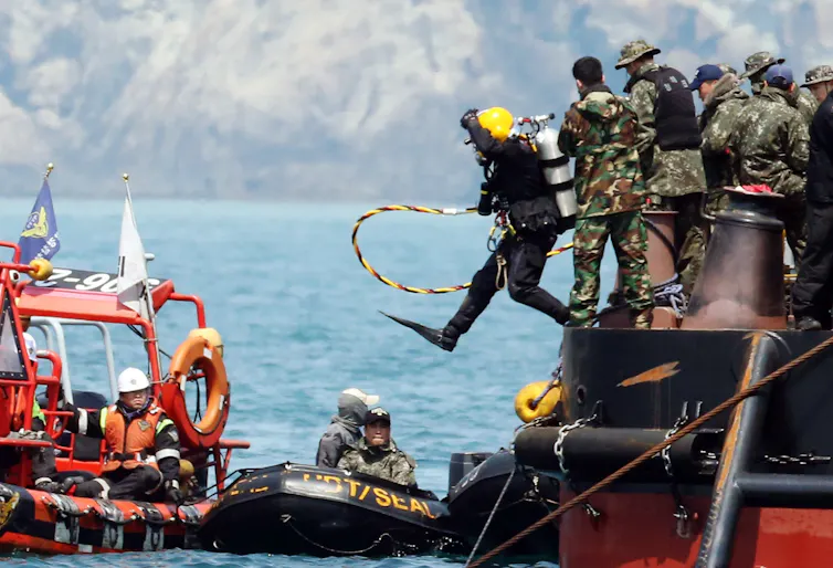 A search and rescue operation for the sunken ferry Sewol's missing passengers in waters off Jindo Island, South Korea.