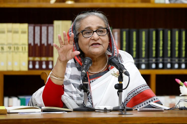 Sheikh Hasina speaking at a press conference.