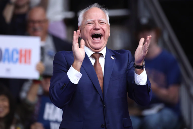 Vice-presidential nominee Tim Walz giving a speech a speech in Chicago.