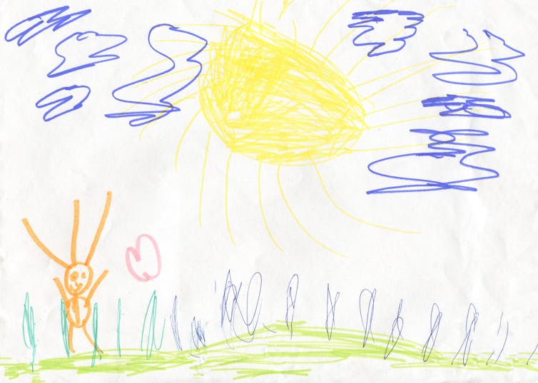 A child's drawing showing a figure with expressive lines coming out of its head.