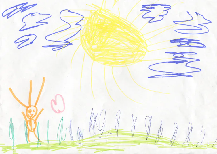 A child's drawing showing a figure with expressive lines coming out of its head.