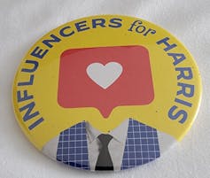 A round button has a heart emoji on it and says 'Influencers for Harris.'