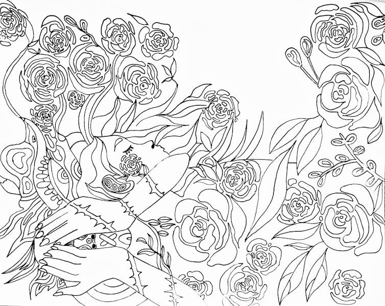 Illustration of a figure surrounded by what look like roses and vines.