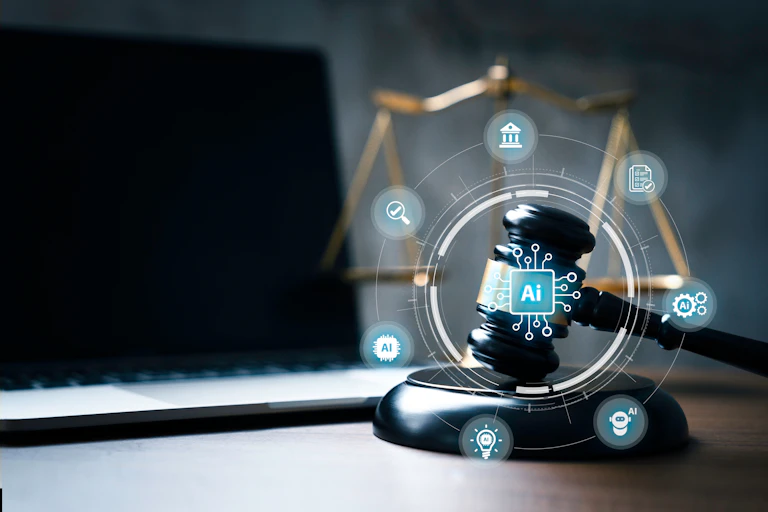 a gavel with justice scales in the background and seven digital icons orbiting an AI symbol