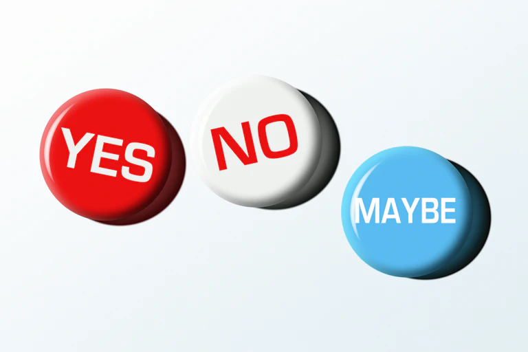 A red button says yes, a white one has the word no one it, and a blue one says maybe in this illustration.