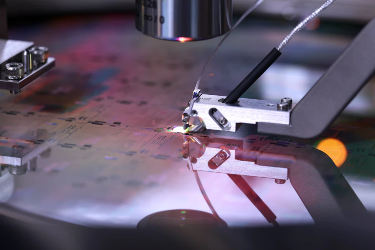 Photo of a high-tech machine shining a light on a silicon wafer.