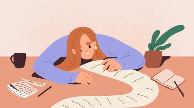 Illustration of a young, overwhelmed woman leaning over a massive to-do list