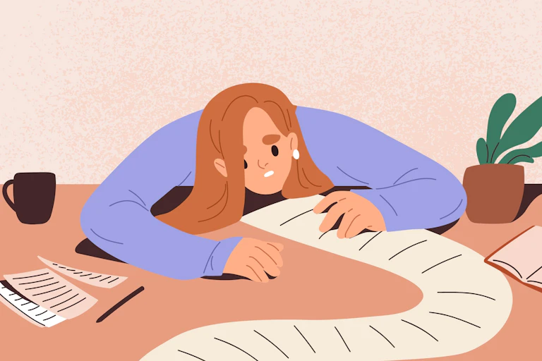 Illustration of a young, overwhelmed woman leaning over a massive to-do list