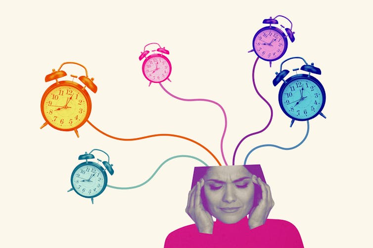 Collage-style photo illustration of a young woman rubbing her temples while colourful alarm clocks emanate from her head