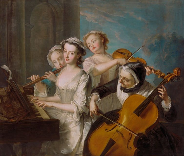 Four women play instruments in the Baroque period.