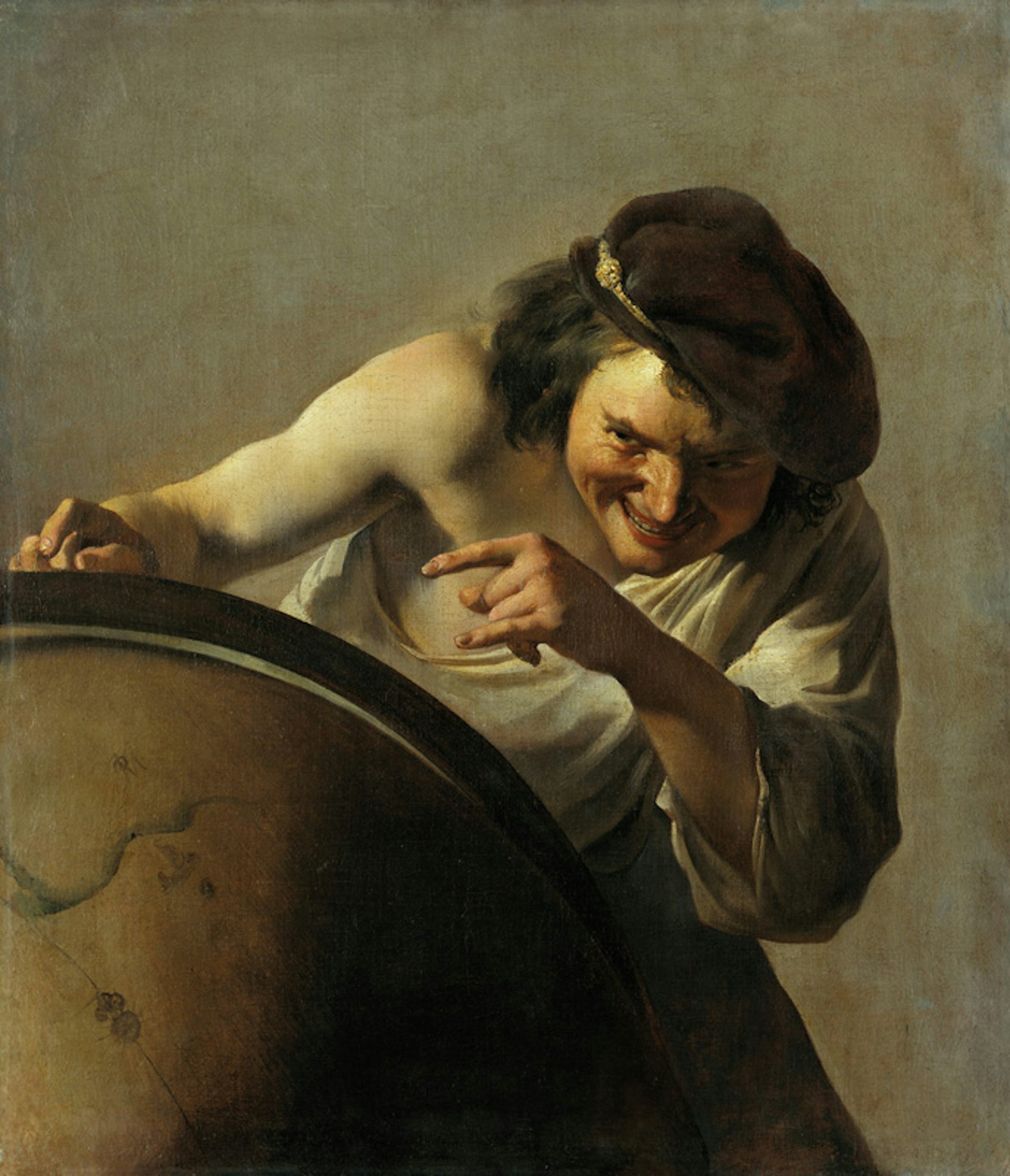 Demócrito, máximo exponente de la escuela atomista griega (s. V a. e. c.), retrato por Johannes Moreelse en la actitud jocosa con la que se identificó al filósofo. Wikimedia commons
