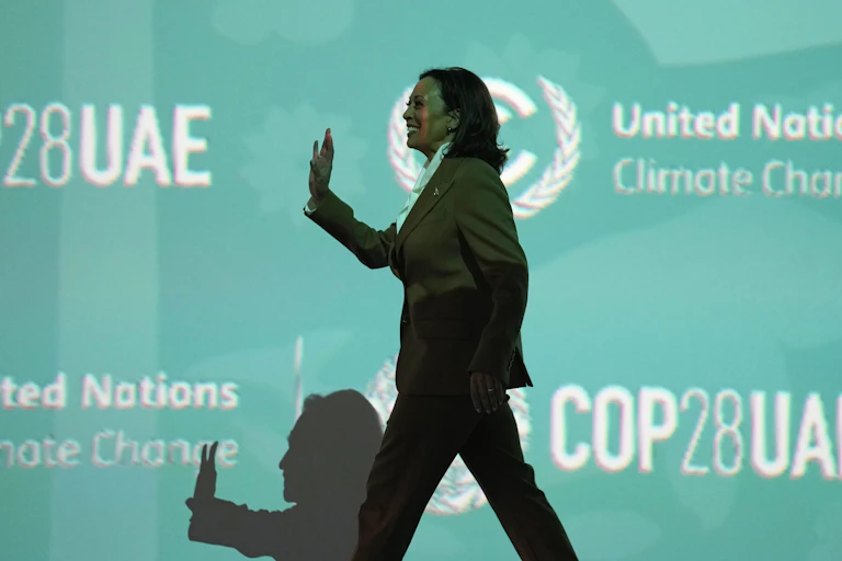 a woman is seen mostly in silhouette walking onto the stage at a climate conference