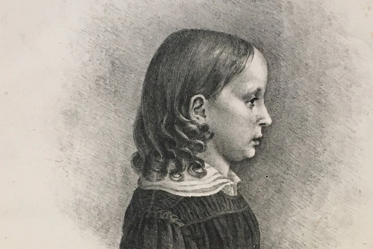 Lithograph of a young girl in profile.