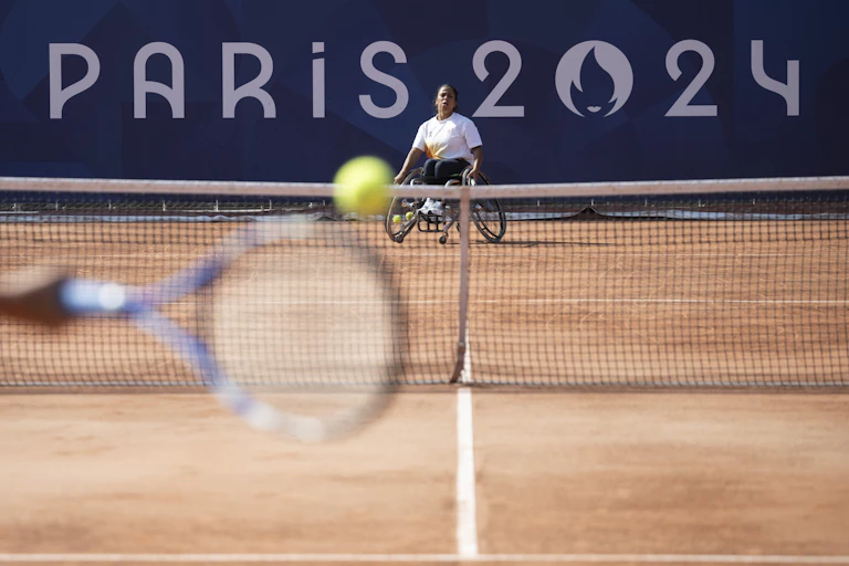 A wheelchair tennis player practises ahead of the Paris Paralympics