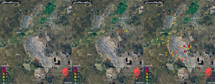 A series of three maps showing increased seismic activity in the last map.