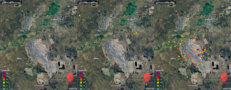 A series of three maps showing increased seismic activity in the last map.