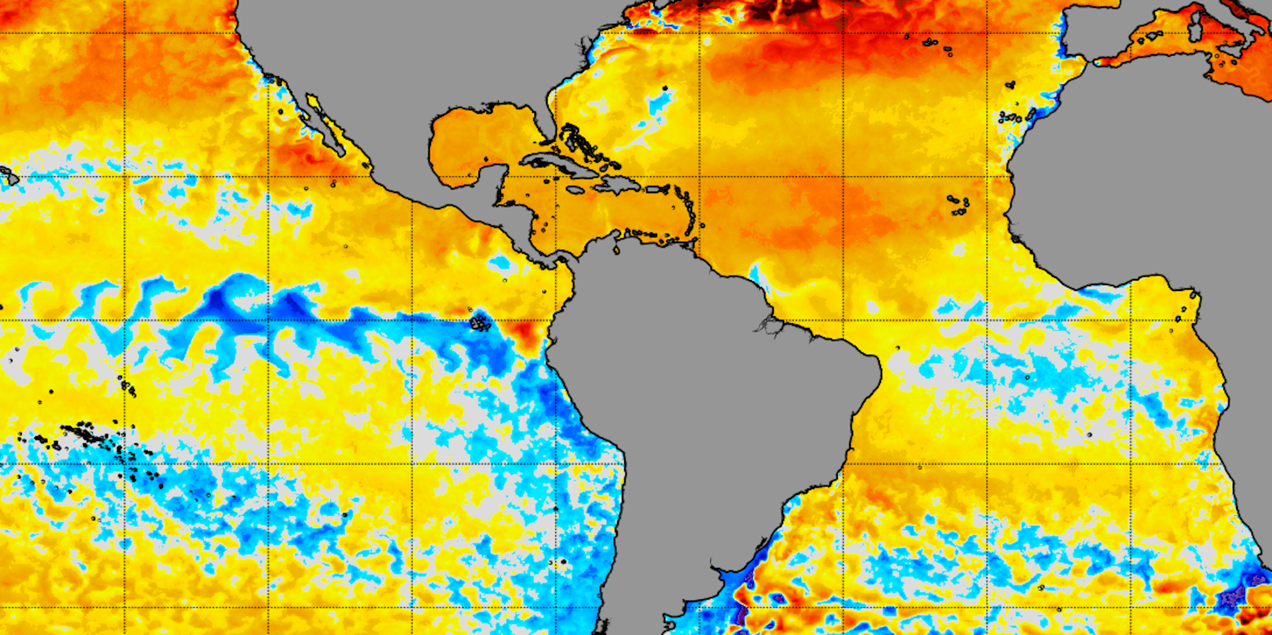 A map shows cooling almost outlining the equator across the Eastern Pacific and Atlantic oceans.