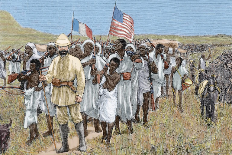 Historical illustration of a European man with flags in a pith helmet leading a throng of Africans who bear the British and French flags in a flat landscape with mountain.