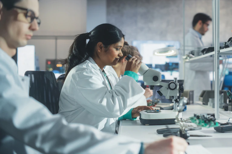Un groupe de jeunes chercheurs portant le sarrau blanc, dans un laboratoire