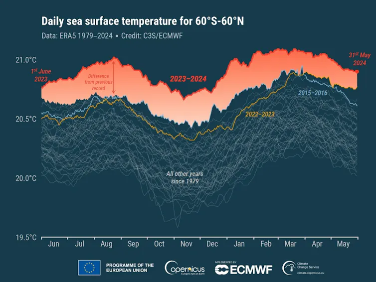 This graph shows daily sea surface temperature in °C averaged for all 12-month periods spanning June to May of the following year.