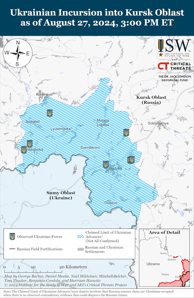 ISW map of the Kursk incursion as at August 27 2024.