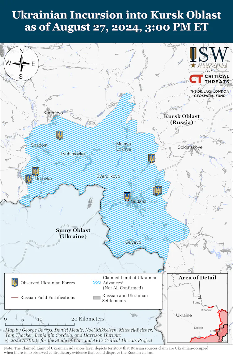 ISW map of the Kursk incursion as at August 27 2024.