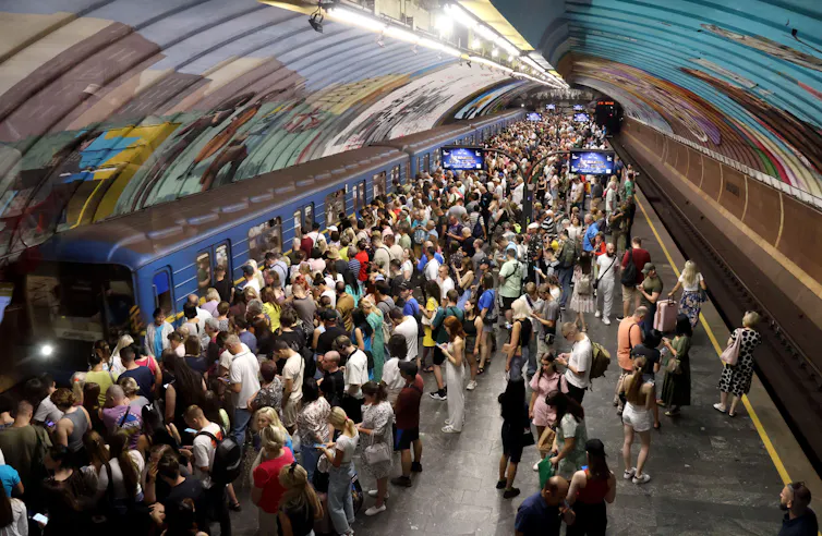 Hundreds of Ukrainians take shelter in an underground station.