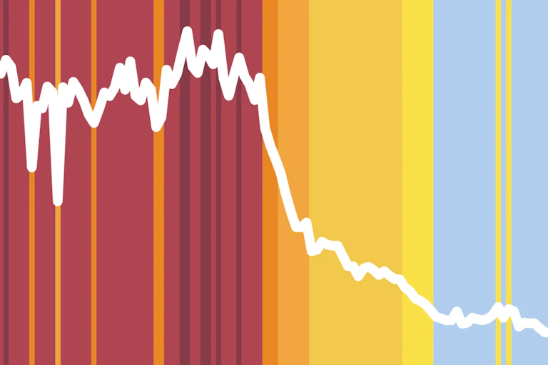 red yellow orange blue vertical stripes, white graph line across image