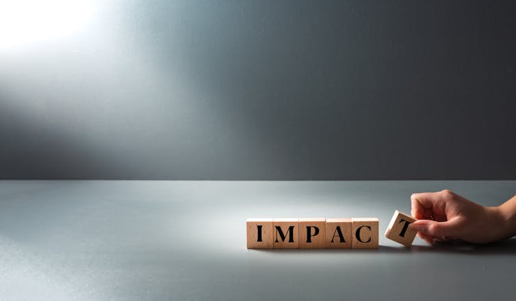 Hand seen alongside wooden letter blocks spelling 'impact.'