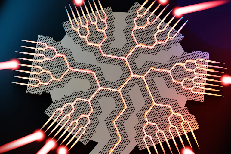 beams shoot out from a chip with angled circuits