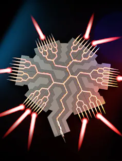 beams shoot out from a chip with angled circuits