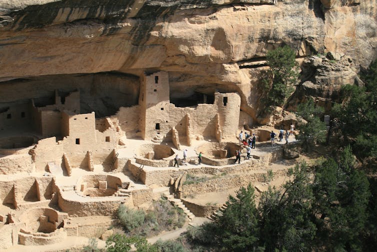 A view of ancient homes built under the cliff overhang at Mesa Verde National Park.