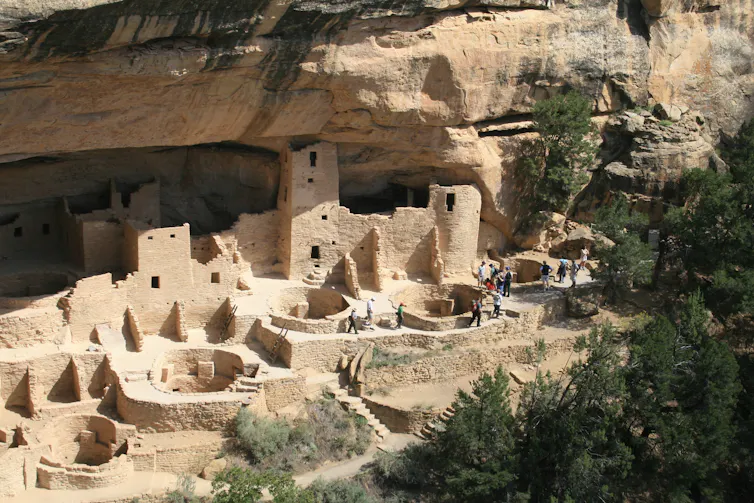 A view of ancient homes built under the cliff overhang at Mesa Verde National Park.