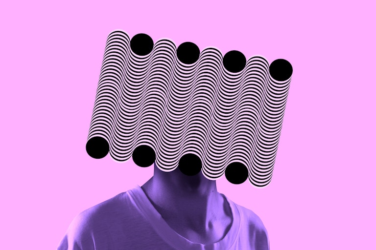 Man with head replaced by image of curves and circles