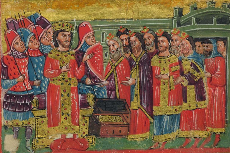Alejandro Magno vestido como un emperador bizantino recibe a una delegación de rabinos en una iluminación de un manuscrito bizantino de la 'Novela de Alejandro' datado del siglo XIV y preservado en San Giorgio dei Greci (Venecia).