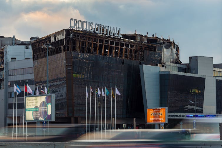 The fire-damaged outside of Moscow's Crocus City Hall.