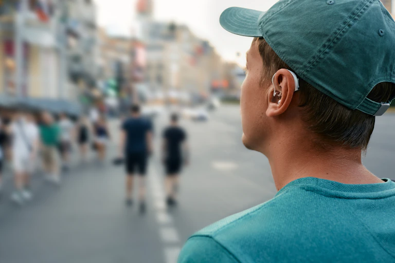 A man wearing a green cap and tshirt and hearing aid stands in a city street