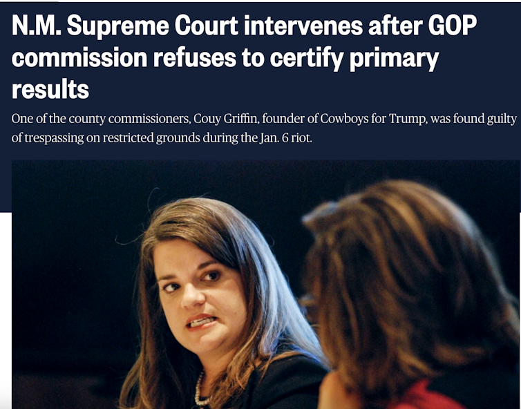 A screenshot of a headline that says 'N.M. Supreme Court intervenes after GOP commission refuses to certify primary results.'