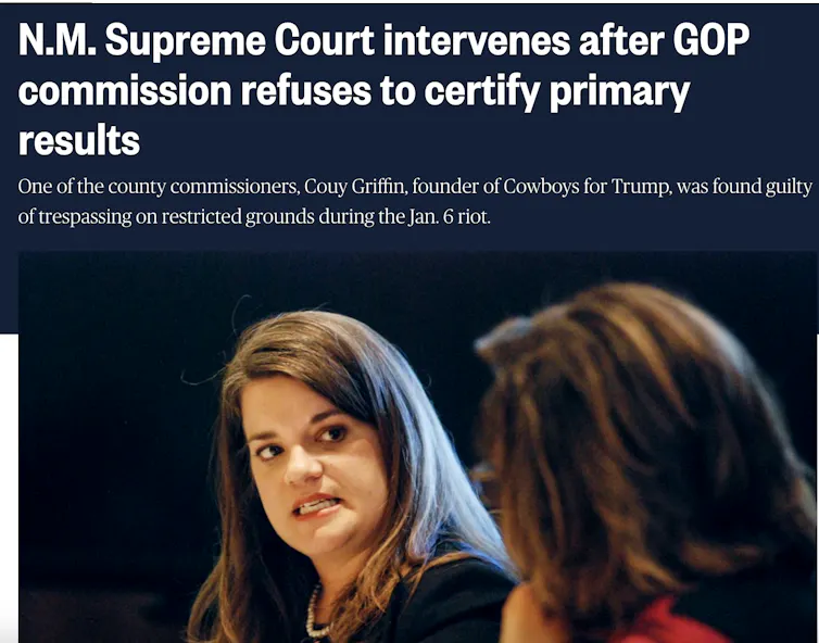 A screenshot of a headline that says 'N.M. Supreme Court intervenes after GOP commission refuses to certify primary results.'