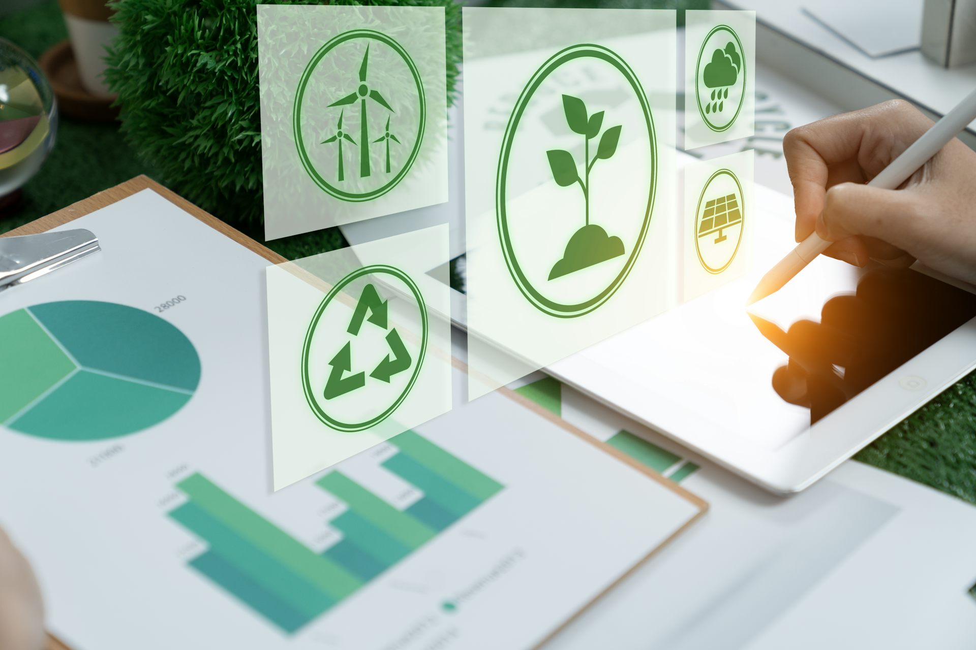 Businesswomen use a digital tablet to analyse ESG design