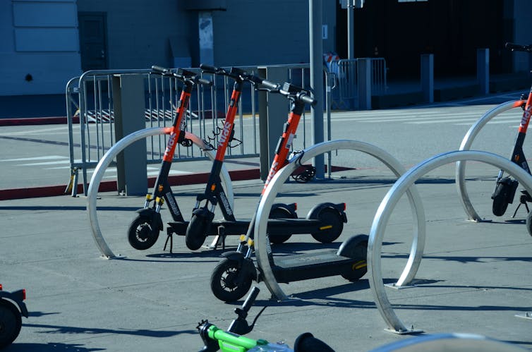 E-scooters at a designated parking point in San Francisco
