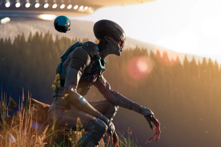 Artist's impression of an alien that's landed on our planet earth in mountains at the sunset contemplating our beautiful nature