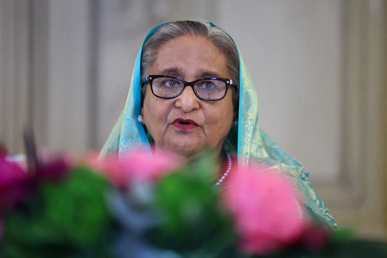 An image of former Bangladeshi prime minister, Sheikh Hasina, wearing a headdress.